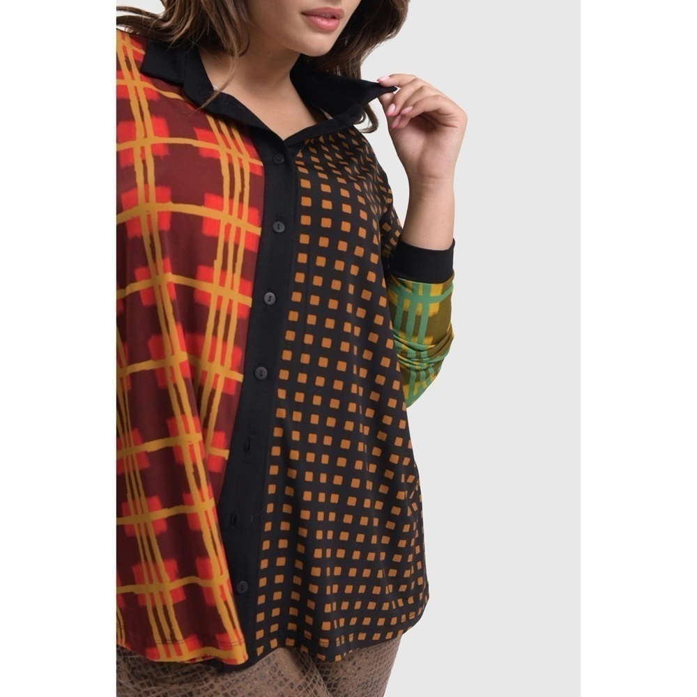 Alembika Multi Check Long Sleeve Button Up Blouse Sz Small NWOT - Picture 2 of 16